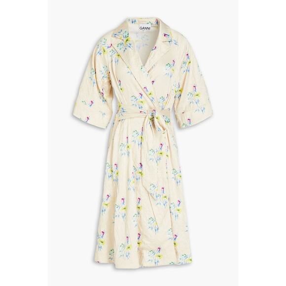 GANNI Floral Crinkle Wrap Dress In Yellow Size Medium Pink Blue Chic Sexy Wrap - Picture 4 of 16